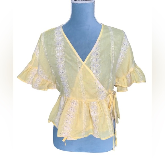 Zara Ruffled Sleeve Embroidered Peasant Wrap Top Yellow Size Medium - Picture 2 of 13